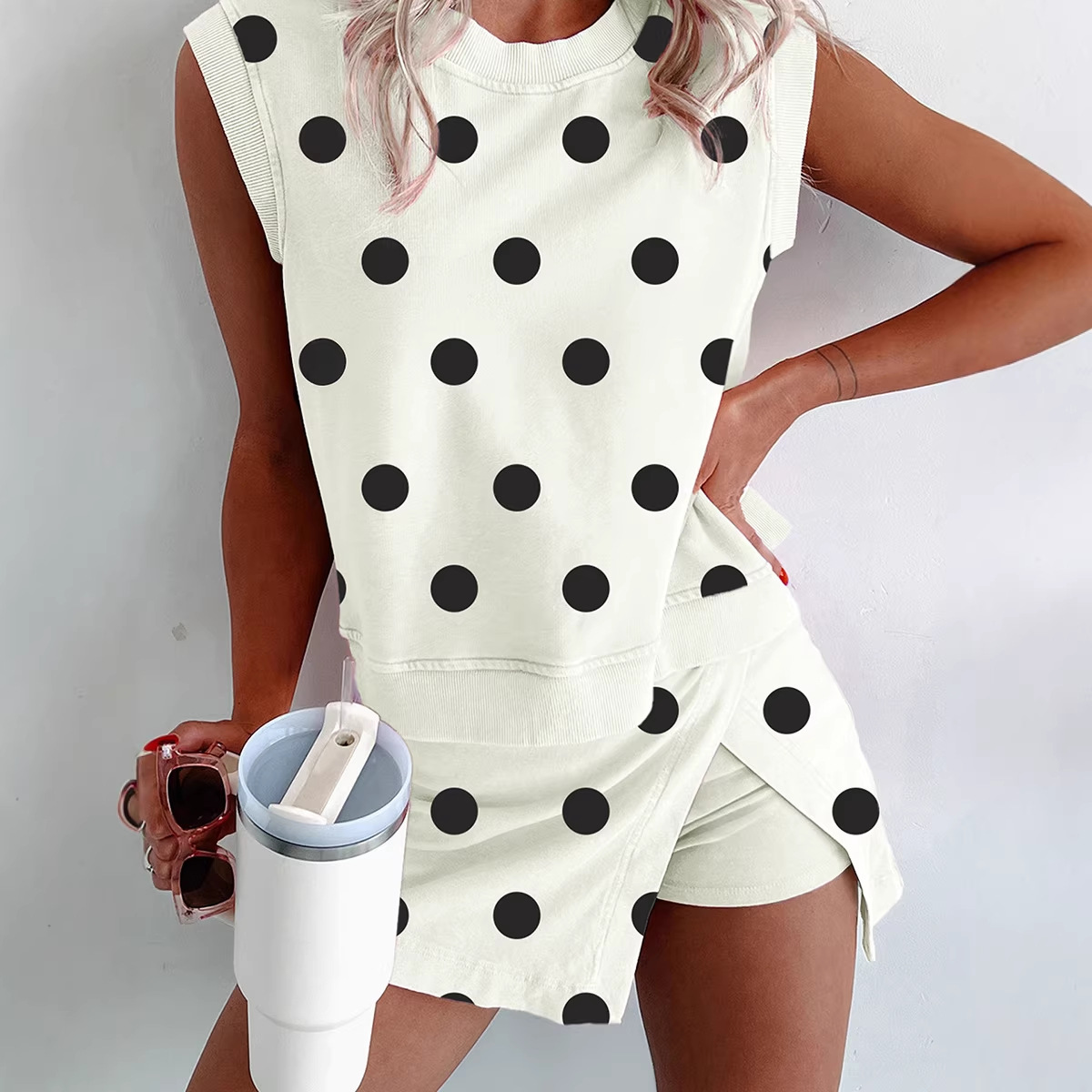 Womens Polka-Dot Printed Two-Piece Skirt Set