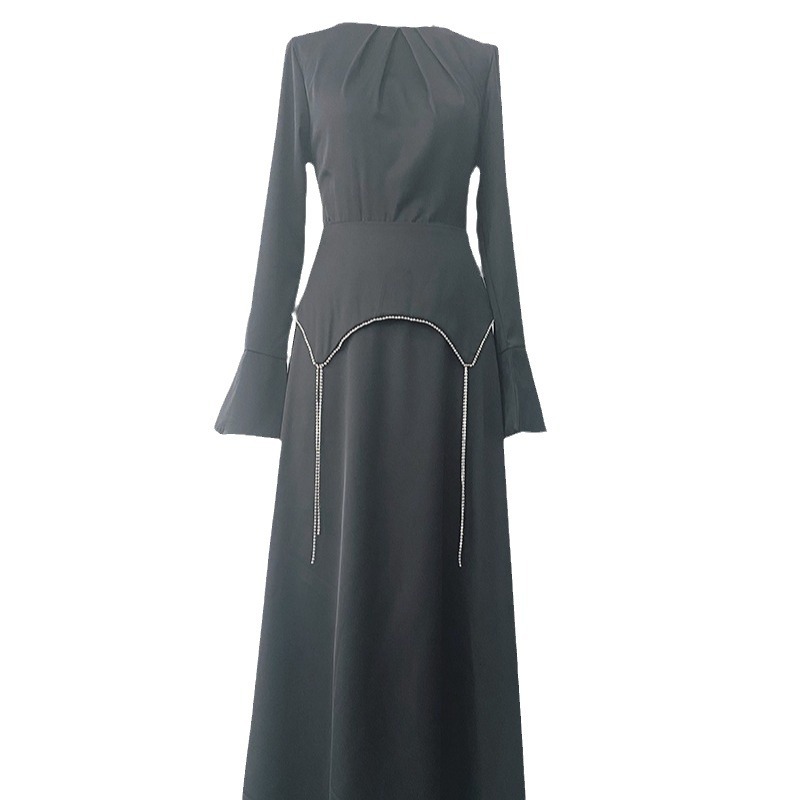Long Sleeve Rhinestone-encrusted Chain Waist Dress