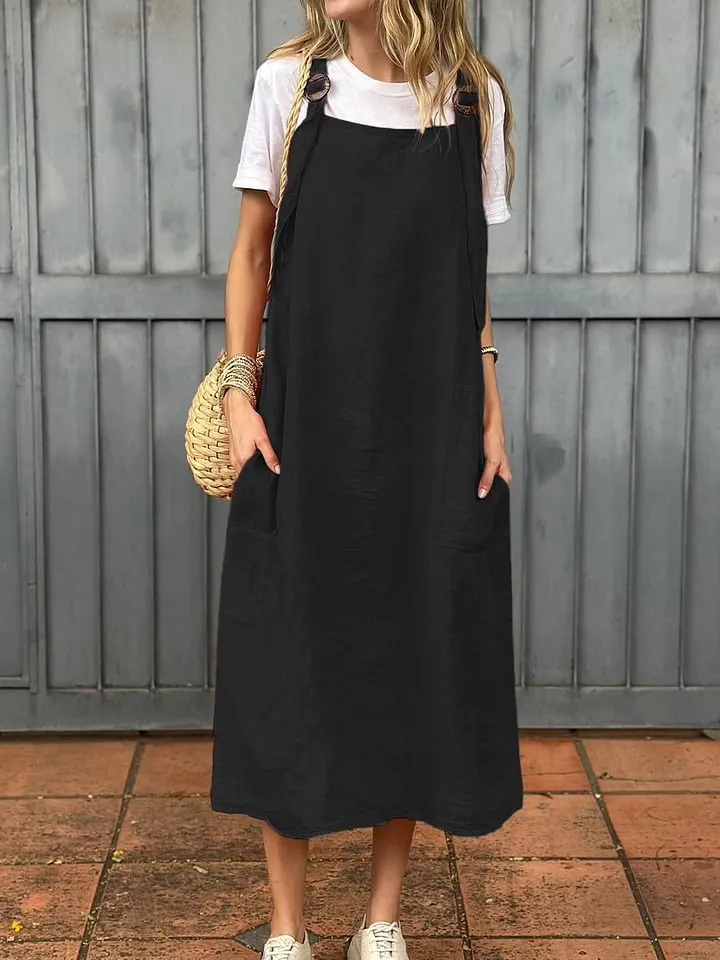 Summer Women's Adjustable Shoulder Strap Casual Cotton And Linen Dress - Black