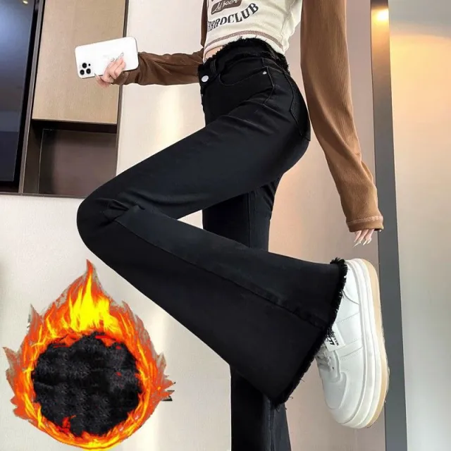 Women's Skinny Jeans Winter Fleece lined Frayed Edges Black Plus Velvet - Shop at LoveMi