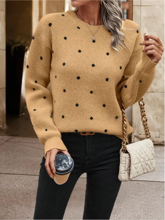 Ins Polka Dot Print Pullover Sweater Fashion Casual Long-sleeved Jacquard Knitted Top Winter Round Neck Clothing For Women - Camel