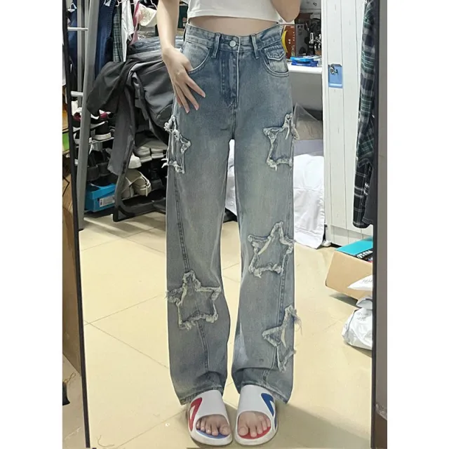 Blue XINGX Embroidered Jeans Women Loose Straight leg Wide leg Pants Blue Trousers - Shop at LoveMi