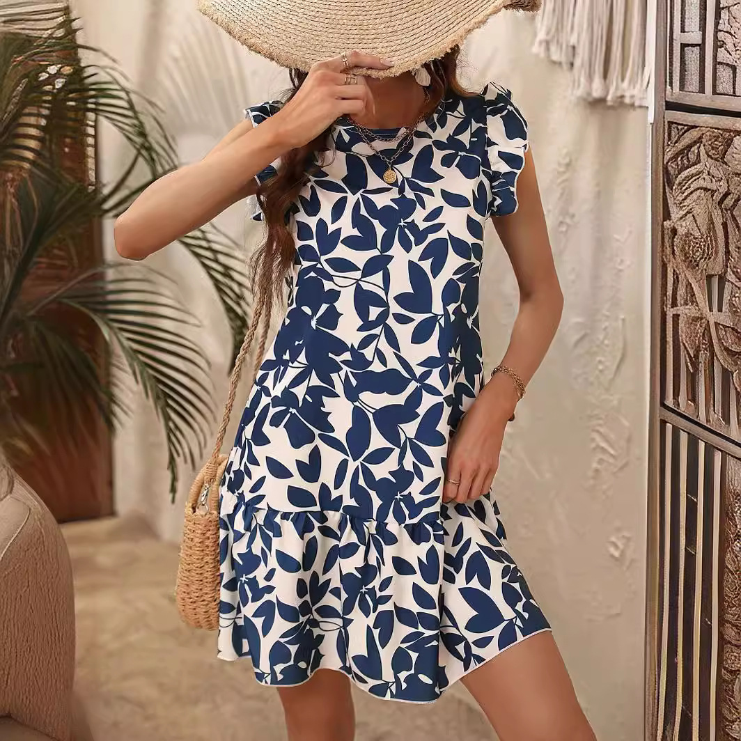 Women's Round Neck Printed Ruffles Dress