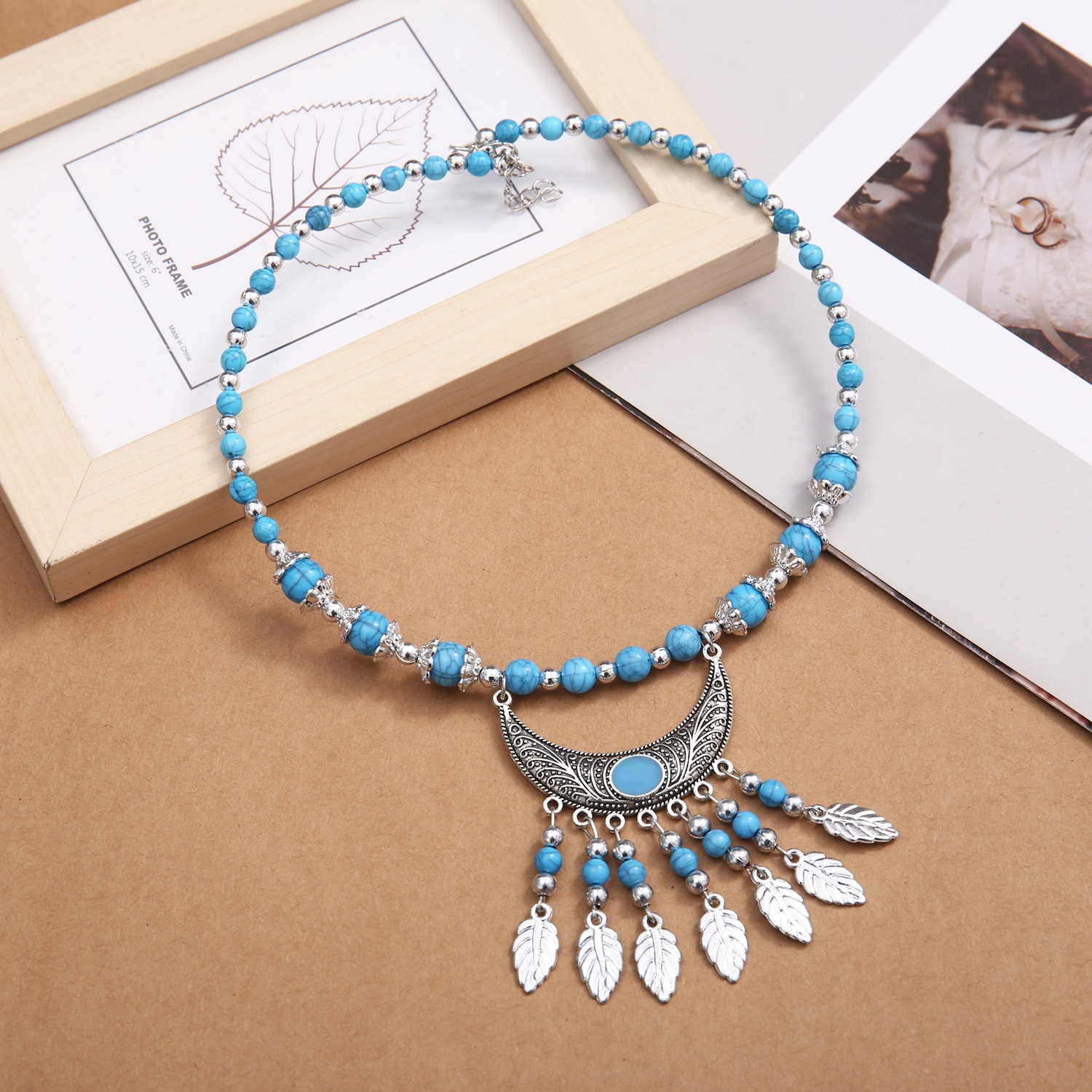 Ethnic-style Colorful Crackle-bead Pendant Necklace With Alloy Accents