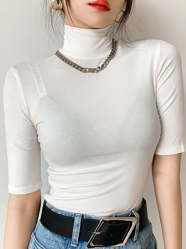 Thread Short sleeved T shirt Women's Turtleneck Bottoming Shirt White - Shop at LoveMi