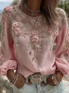 Printed Women's Round Neck Long Sleeve Vintage Bohemian Top - Sjwct025-M - View 1