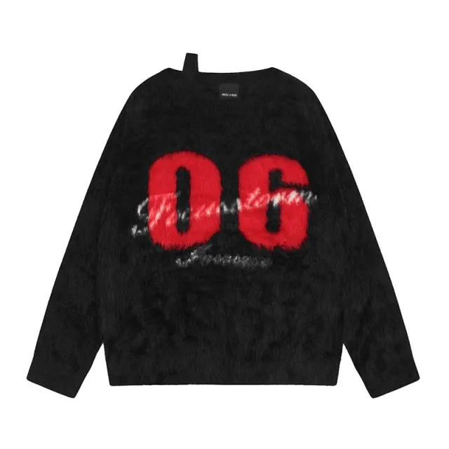 American High Street Letters And Numbers Jacquard Artificial Mink Hair Soft Glutinous Sweater For Women Black - Shop at LoveMi
