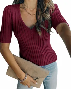 New V-neck Knitwear Women's Top - Red - View 1