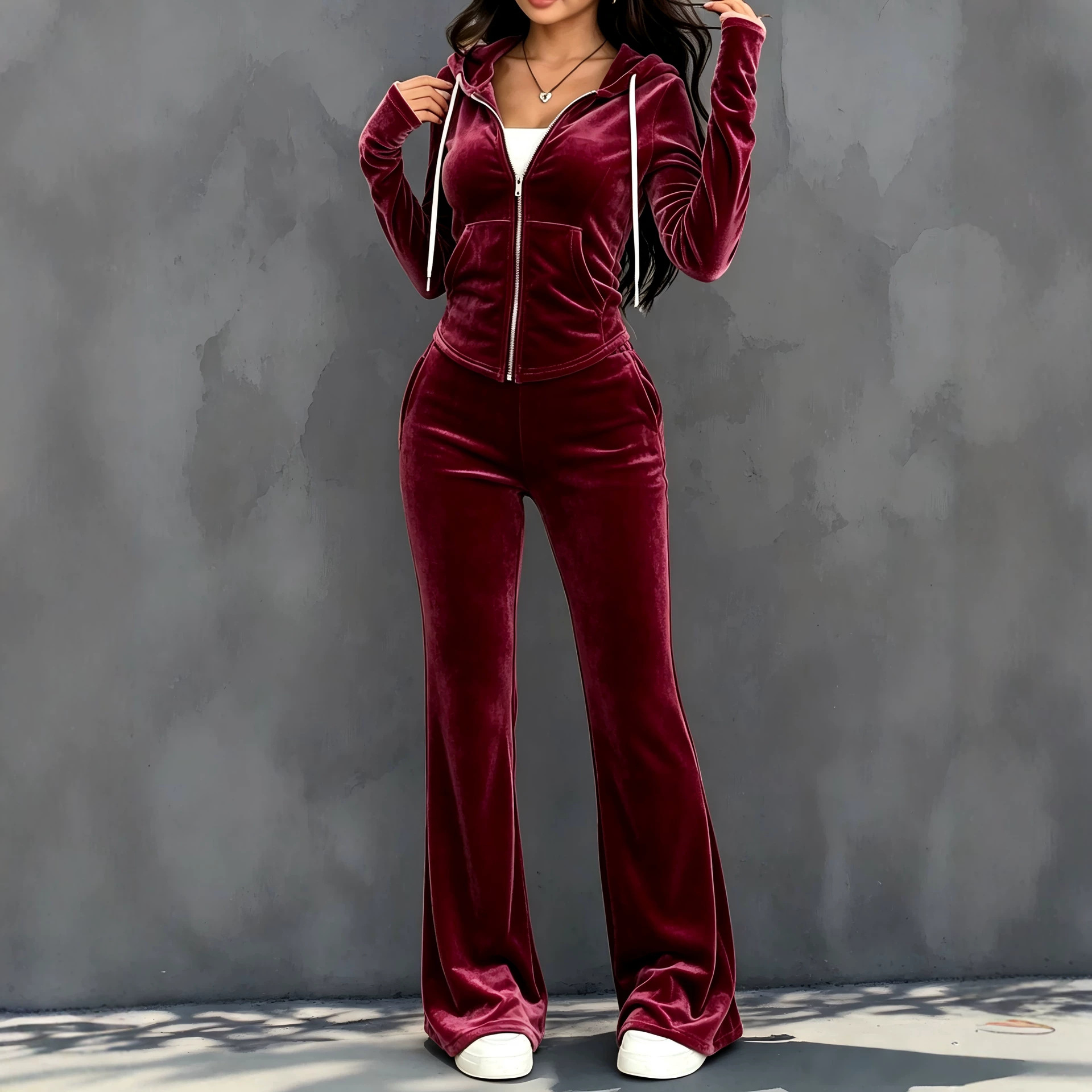 Casual Chic Zip-up Hoodie And High-waisted Trousers Solid-color Velvet Set