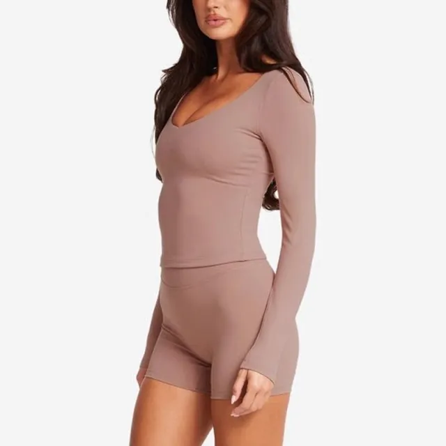 Slim Fit Slimming Sports Outerwear Bottoming Shirt Small V neck Yoga Clothes Long Sleeve U110 Blush Long Sleeve M - Shop at LoveMi