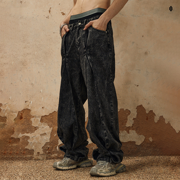 Folding Pleated Design Snowflake Washing Craft Loose Jeans