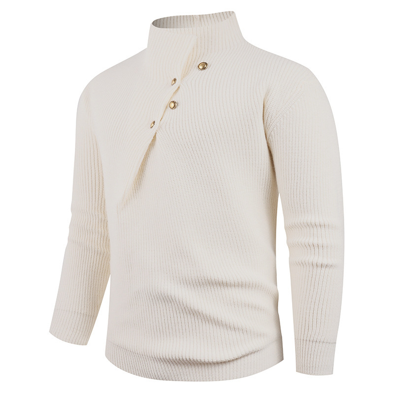 Mens Fashion Stand Collar Sweater With Slanted Buttons Mens Casual Pullover - Image 2