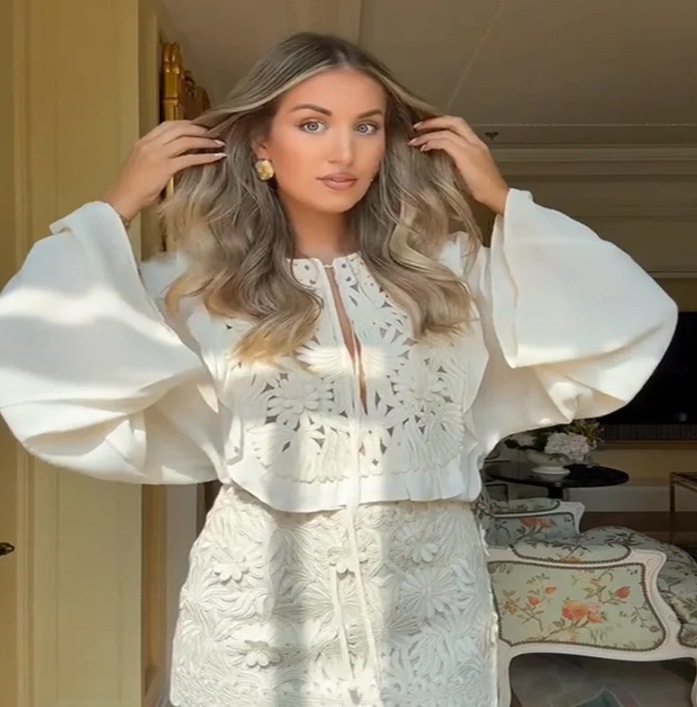 Hollow Embroidered Bell Sleeve Shirt Skirt Outfit Short Skirt - Shop at LoveMi