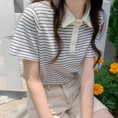 New Korean Style Cotton Yarn-dyed Weaving Strip Shoulder Striped Short Sleeve - Blue Stripes - View 1