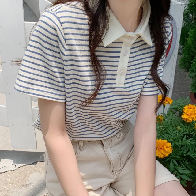 New Korean Style Cotton Yarn dyed Weaving Strip Shoulder Striped Short Sleeve Blue Stripes - Shop at LoveMi