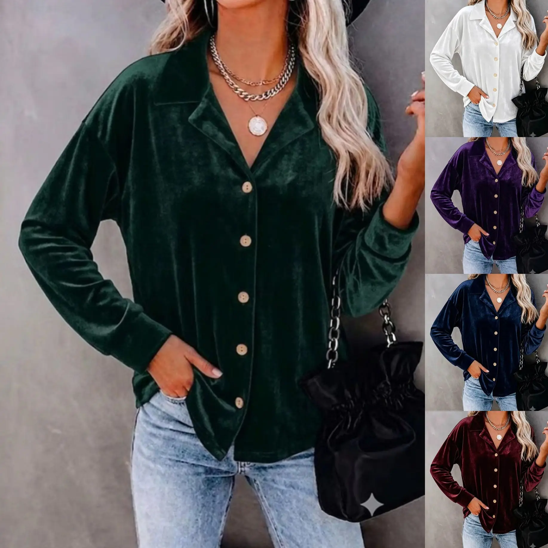 Casual Chic Button-up Velvet Long-sleeve Shirt