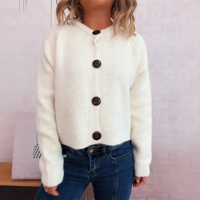 Simple Large Buttons Round Neck Long Sleeve Sweater White - Shop at LoveMi