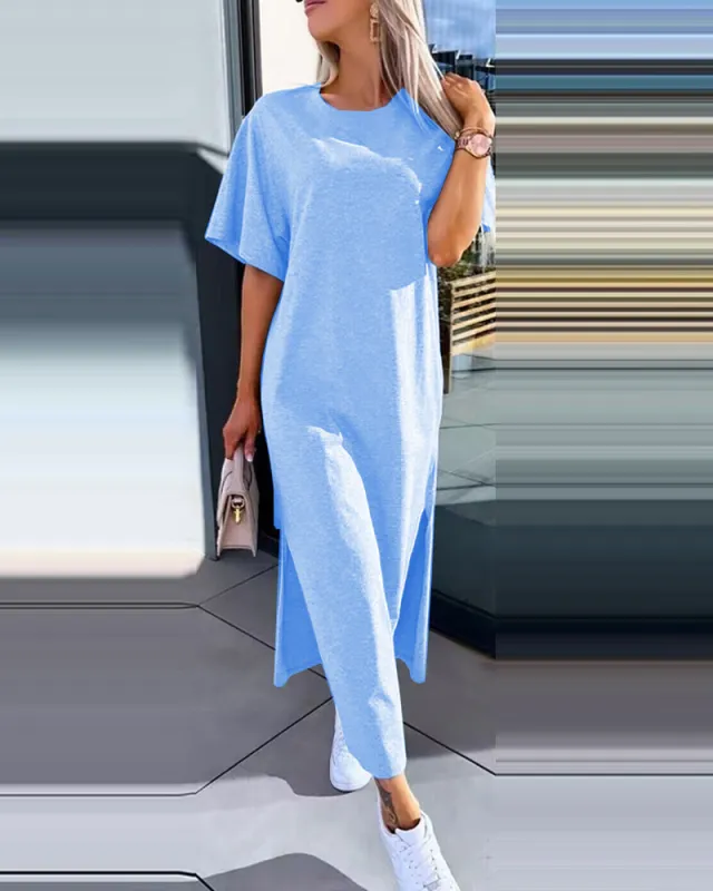 Solid Color Short Sleeve Round Neck Slit Hemline At Hem Dress Lake Blue - Shop at LoveMi