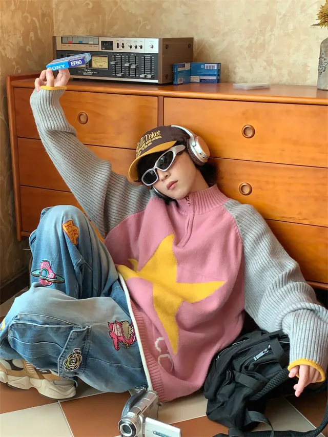 Retro Five pointed Star Stand Collar Sweater Loose Sweater Coat Pink - Shop at LoveMi