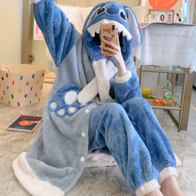 Plush Nightgown Set Flannel Cartoon Cute Hooded Homewear