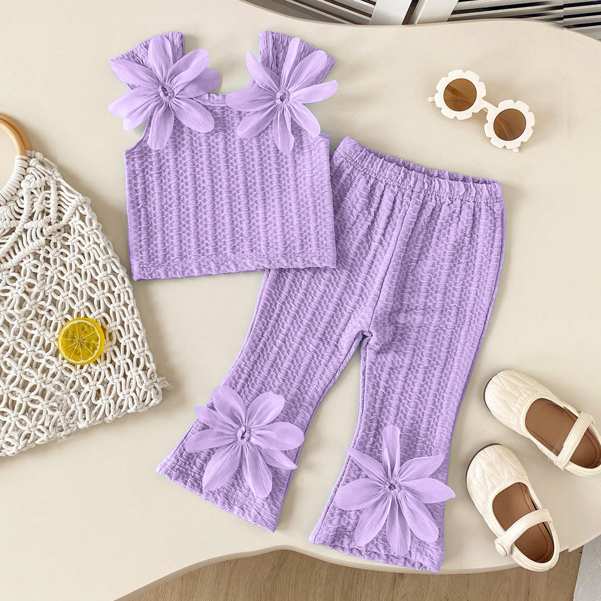 Summer 3D Floral Strap Top Pants For Baby Girls