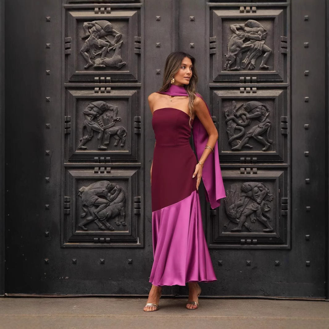 Women's Color Matching Off-shoulder Skinny Hip Skirt