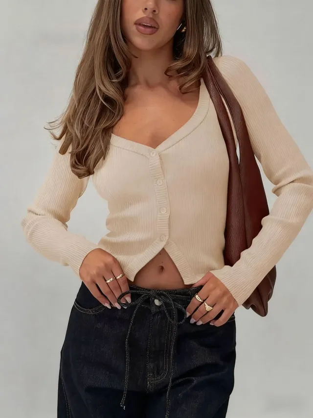 Women's European And American style Long sleeved Slim fit Cropped Knit Top Apricot - Shop at LoveMi