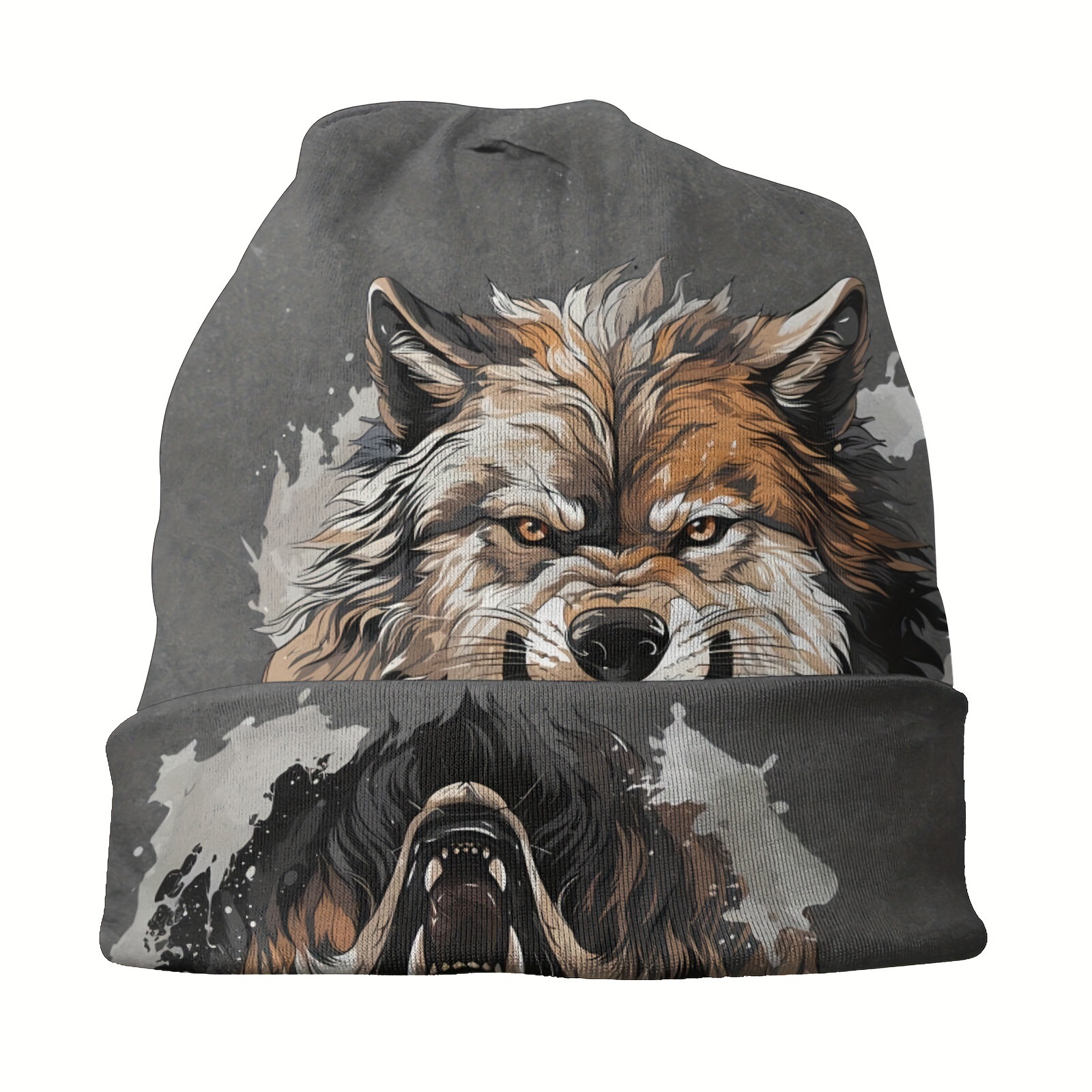 Casual Polyester Wolf-print Beanie, Postpartum Hat
