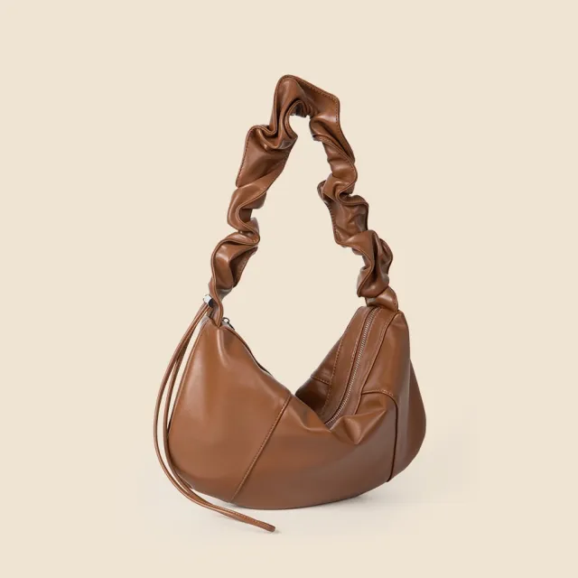 Pleated Shoulder Strap Retro Soft Leather Shoulder Bag Brown - Shop at LoveMi