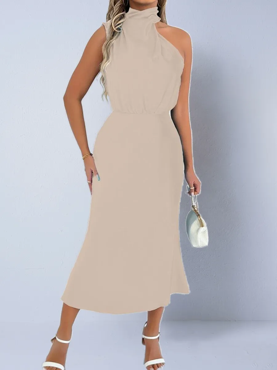 Women's Vacation Satin Dress For Autumn - Apricot