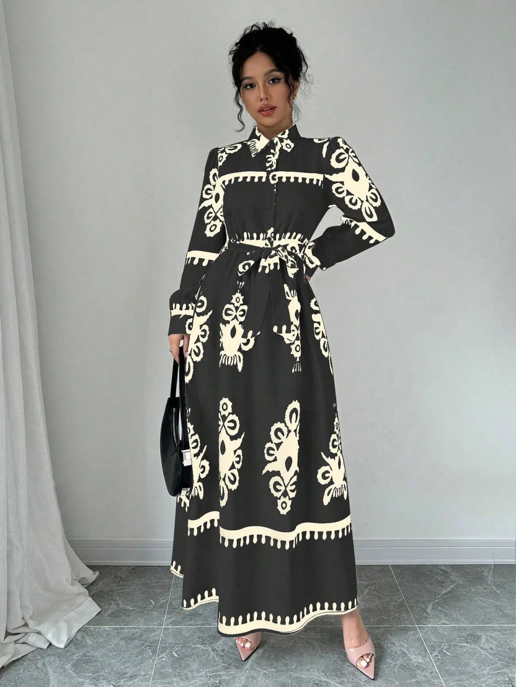 Printed Lace Up European And American Elegant Dress - Black