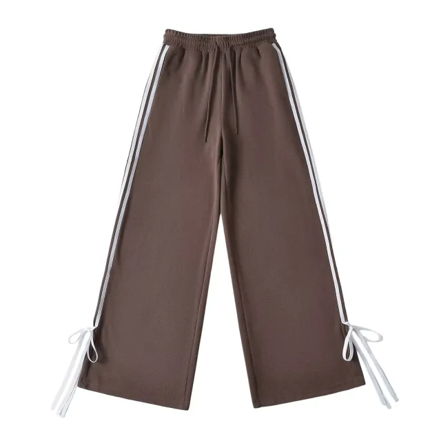 Side striped Bow tie detailed High waist Casual Loose Wide leg Straight Pants Brown - Shop at LoveMi