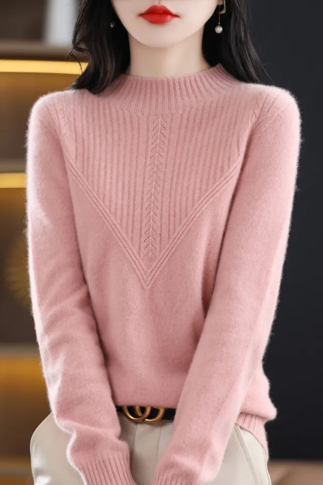 Front Line Ready made Garments Woolen Half Turtleneck Hollow out Sweater Bottoming Shirt Top Pink - Shop at LoveMi