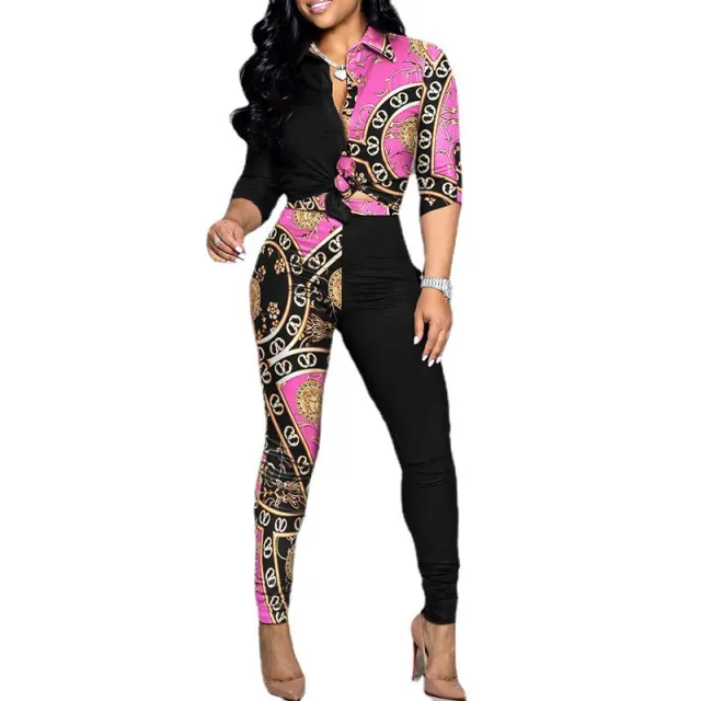 Cross Border Leisure Suit Color Matching Printed Long sleeved Lapel Shirt Casual Pants Two piece Set Pink - Shop at LoveMi