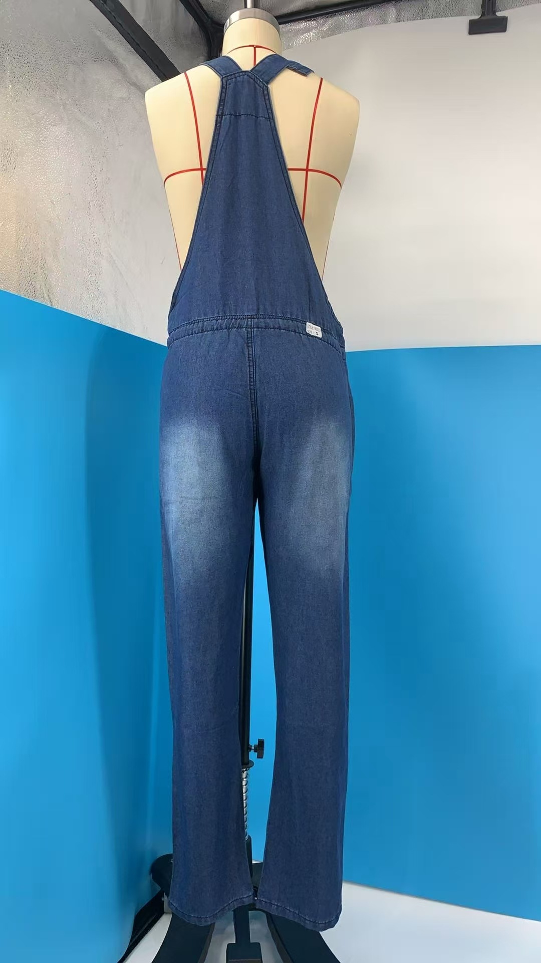 Women's cotton wide-leg overall jumpsuit pants – light blue full outfit