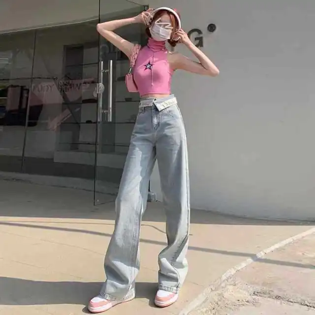 Women's Wide leg Cuffed Light colored Straight Mop Jeans Light Blue - Shop at LoveMi