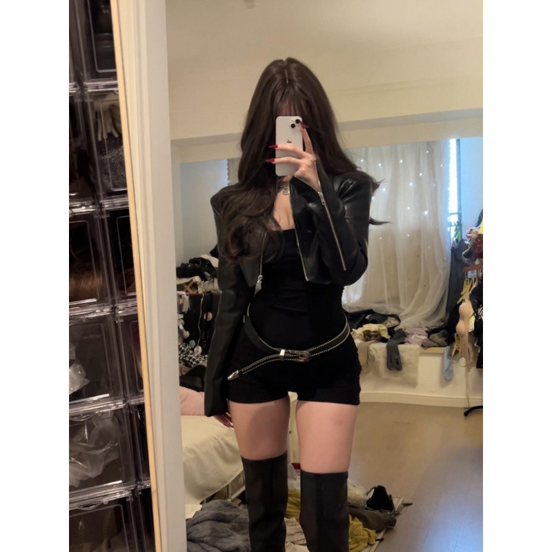 Autumn Hot Girl Short Leather Jacket Short Coat Jacket Waist Slimming Jumpsuit