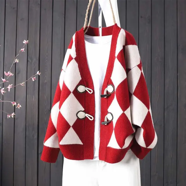 Plus Size Diamond shaped Single Row Horn Button Knitted Top Red - Shop at LoveMi