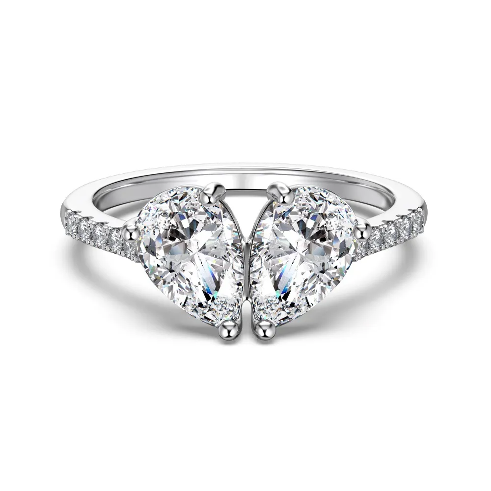 S925 Sterling Silver Ring Women's Double Water Drop Design - Platinum