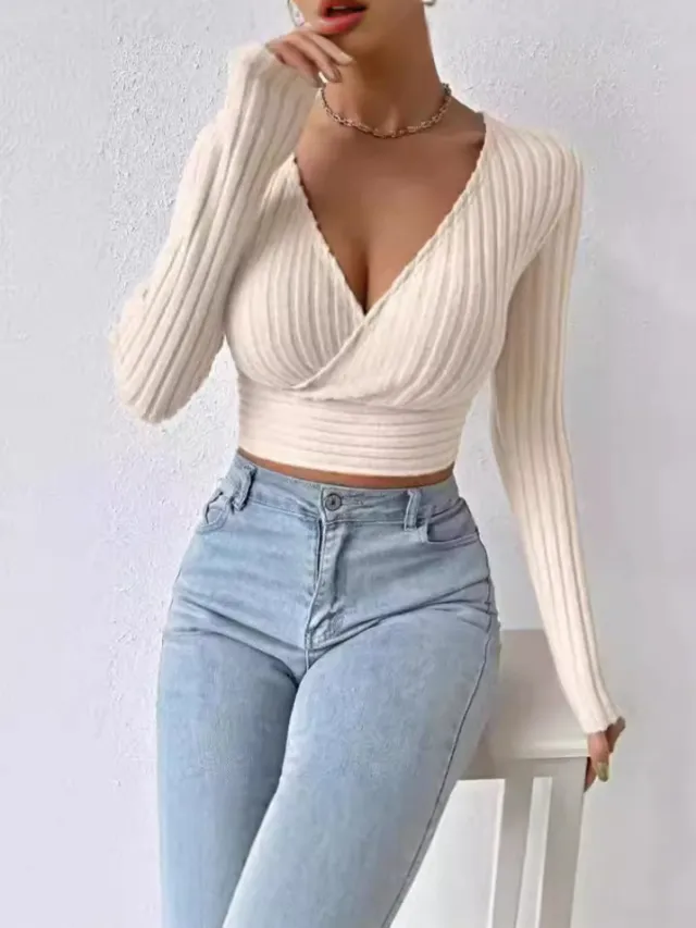 Short Deep V neck Slim fit Long Sleeve Knitted Sweater Apricot - Shop at LoveMi
