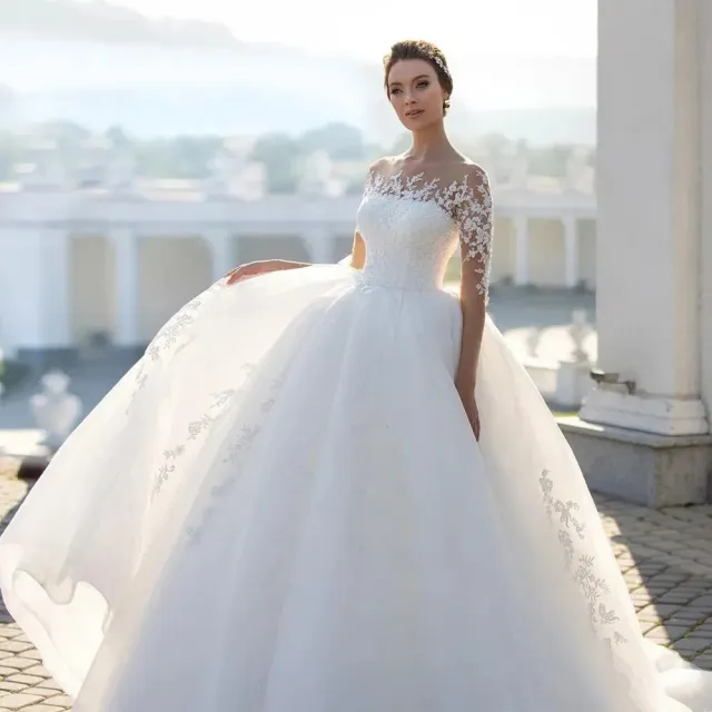 Bridal Mesh Long Sleeve Embroidered Wedding Dress Pure White - Shop at LoveMi