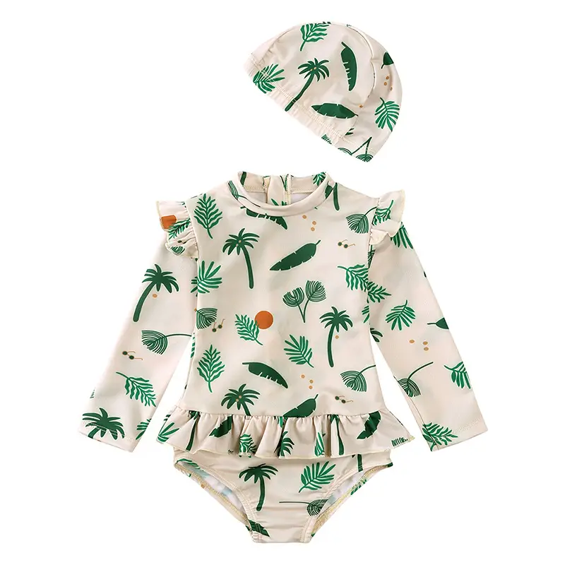 Girls' Floral Fresh Long-sleeved Quick-drying One-piece Swimsuit