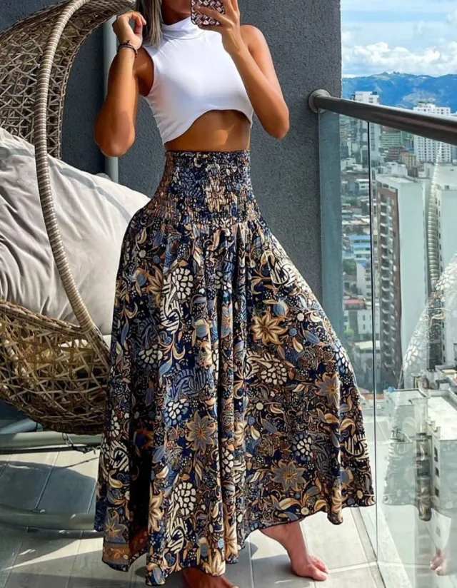 Women's High Waist Print Loose All match Dress Dark Blue - Shop at LoveMi