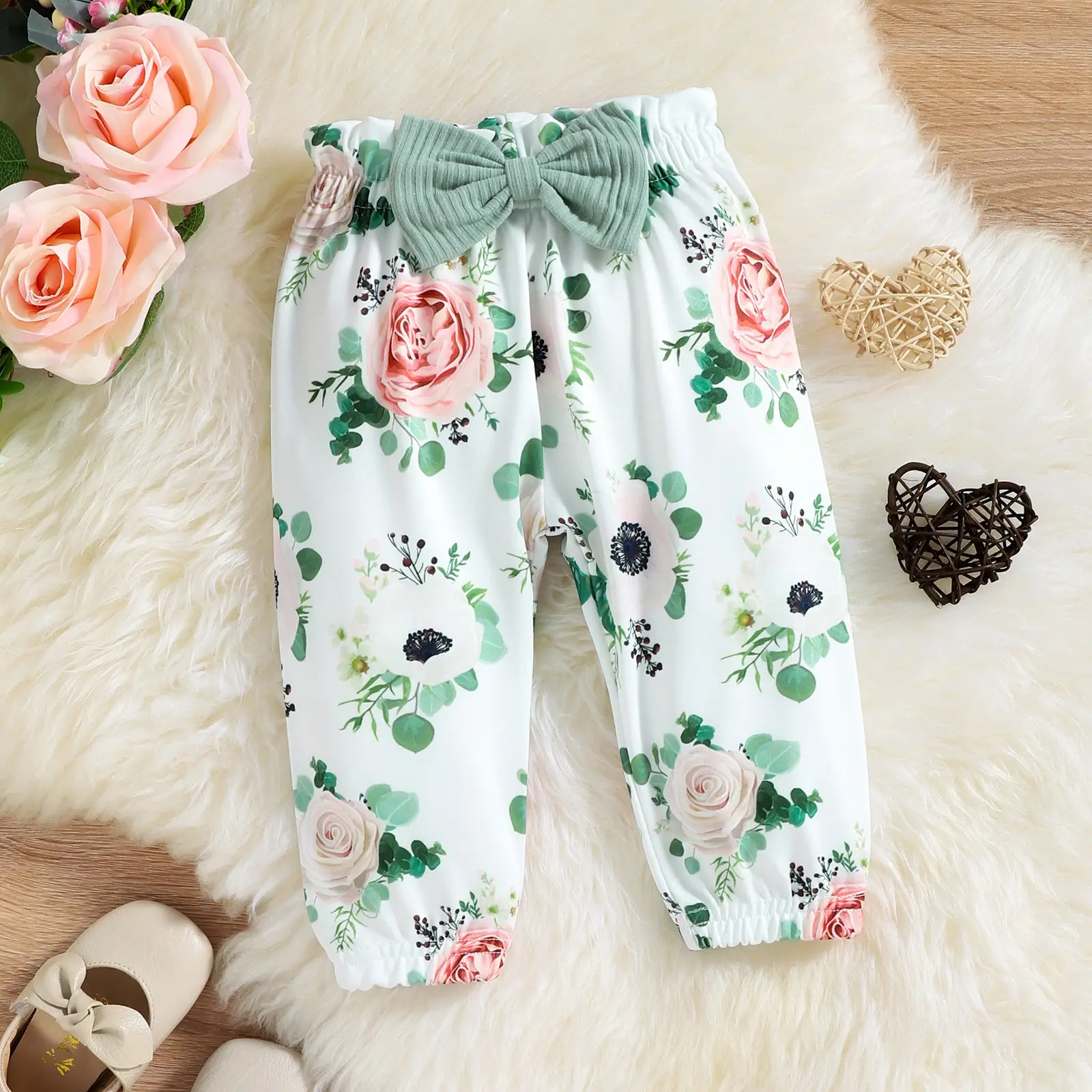 Sunken Stripe Long-sleeved Triangle Romper Flower Print Trousers Baby Girl Children's Suit
