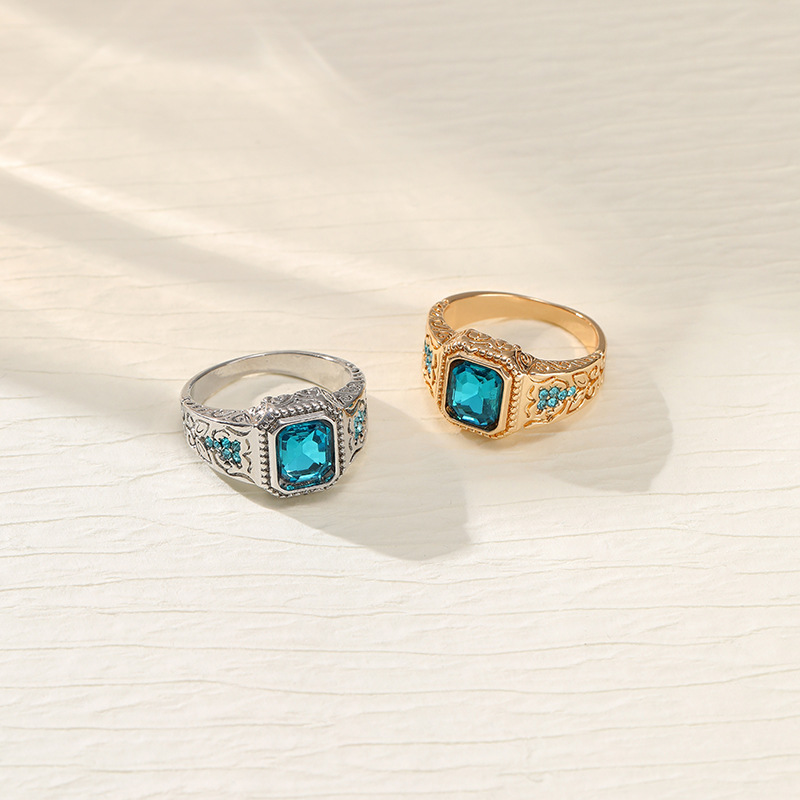 Alloy Plating Ice Blue Rhinestone Glass Personality Couple Ring