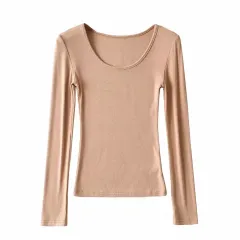 Round Neck Stretch Slim Fit Long-sleeved T-shirt Women - Camel - View 1