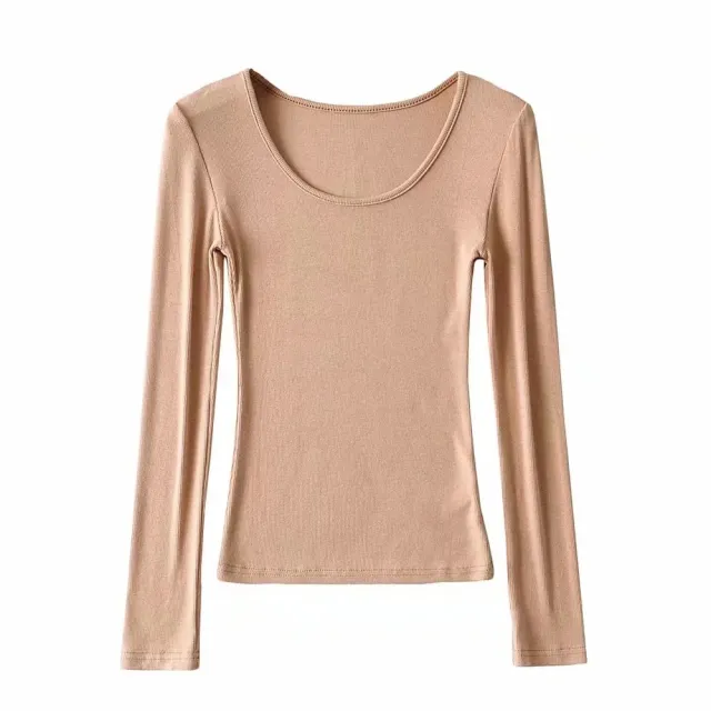 Round Neck Stretch Slim Fit Long sleeved T shirt Women Camel - Shop at LoveMi