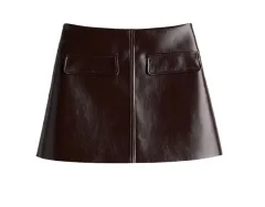 Women's Lapel Button PU Coat Mini Skirt Two-piece Set - Short Skirt - View 1