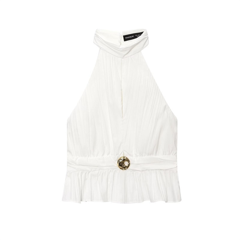 European And American Style Fashion Simple Small Pleated Hanging Collar Top