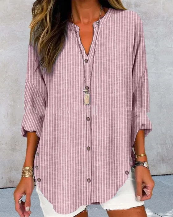 Casual Fashion Button Striped Long Sleeve Solid Color Shirt Pink - Shop at LoveMi